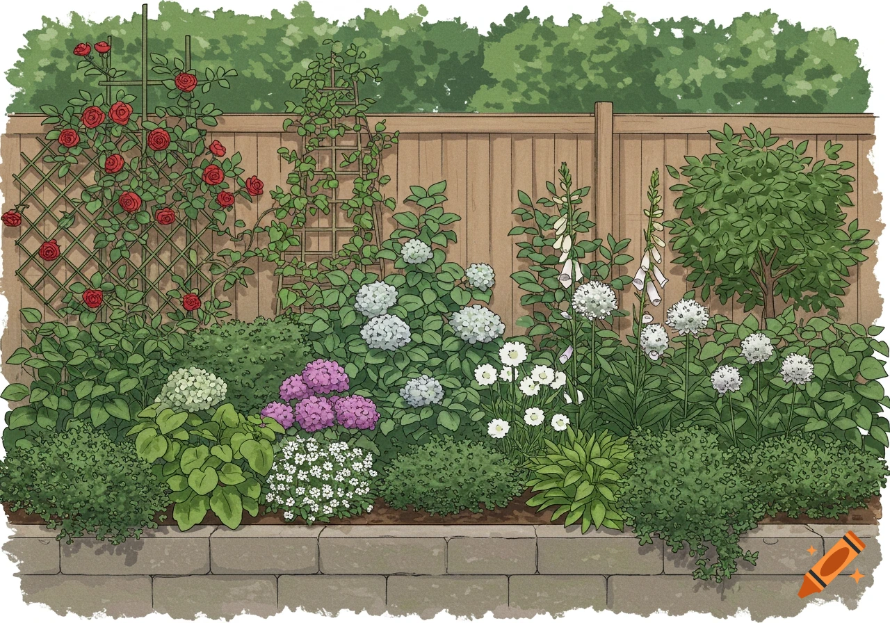 An illustration of a backyard garden bed with roses on a trellis, hydrangeas, foxglove, and various plants against a wooden fence.