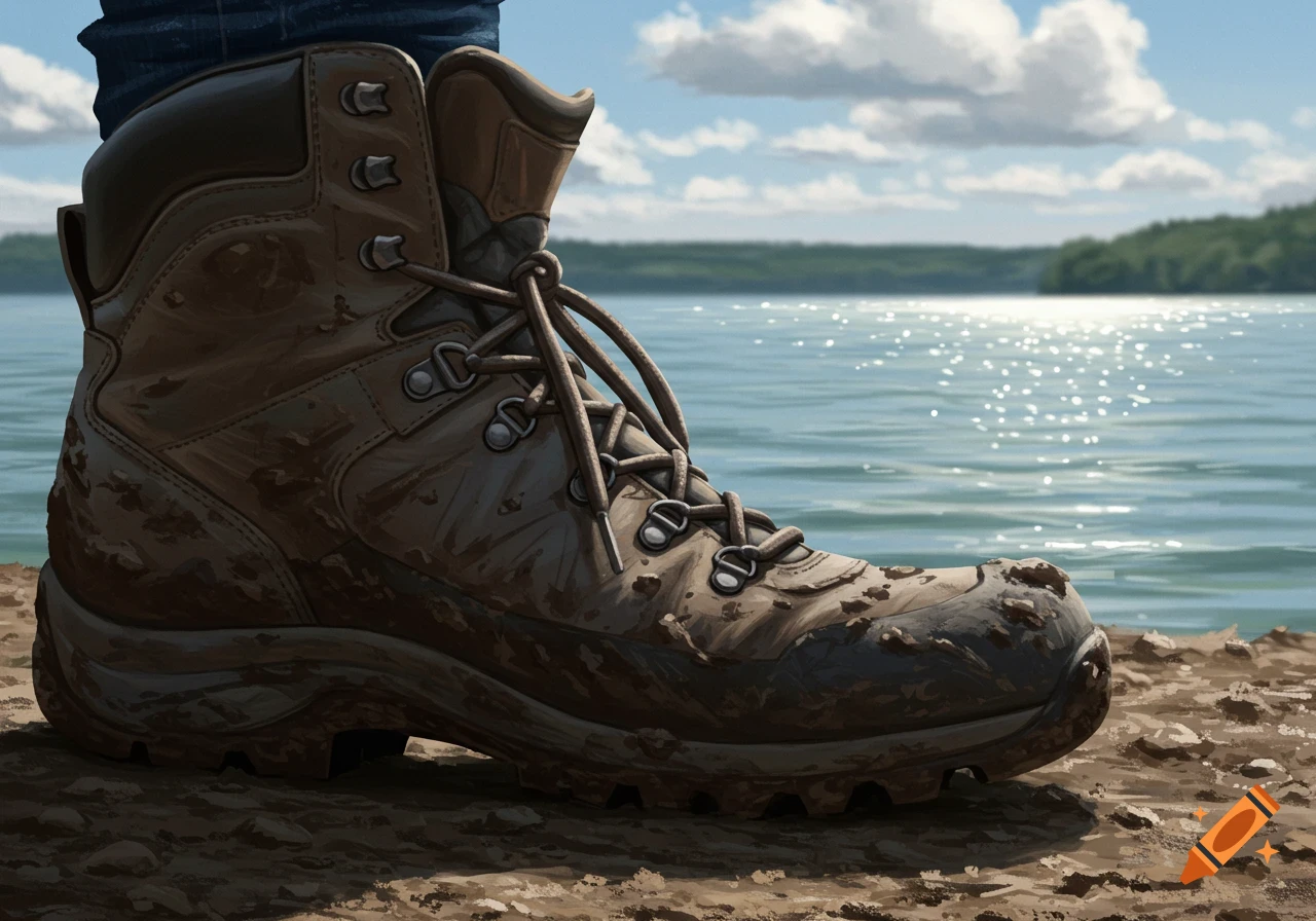 A muddy hiking boot sits on the shore next to a calm lake under a cloudy blue sky.