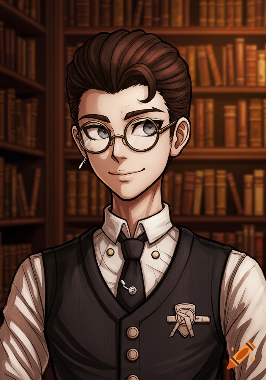 An anime-style young man with dark hair, glasses, vest, and tie stands in a library.