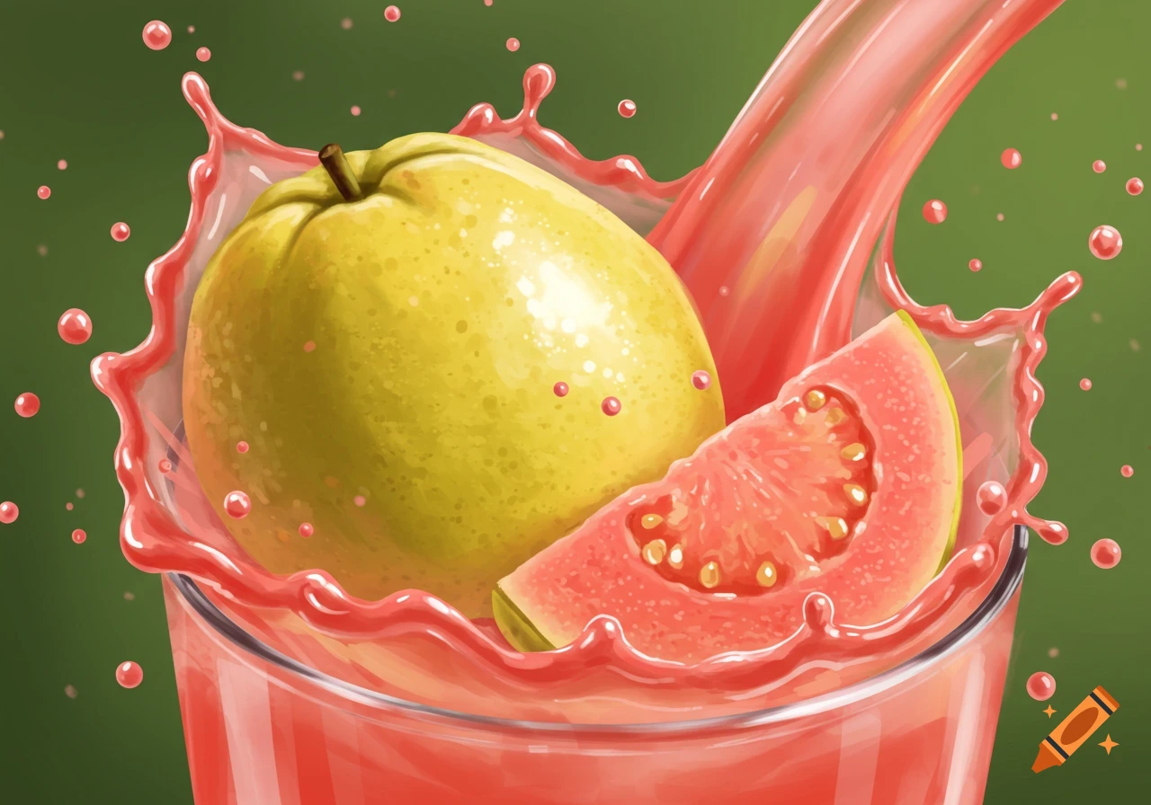 A vibrant illustration of a whole guava and a sliced guava splashing into a glass of pink guava juice against a green background.