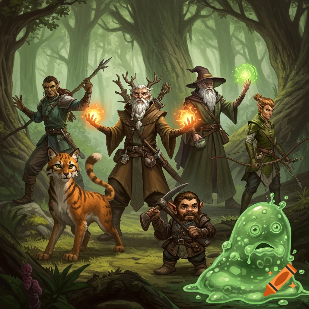 A group of fantasy adventurers, including an elf, wizard, druid, dwarf, and tiger-like creature, stand in a lush forest with a green ooze monster.