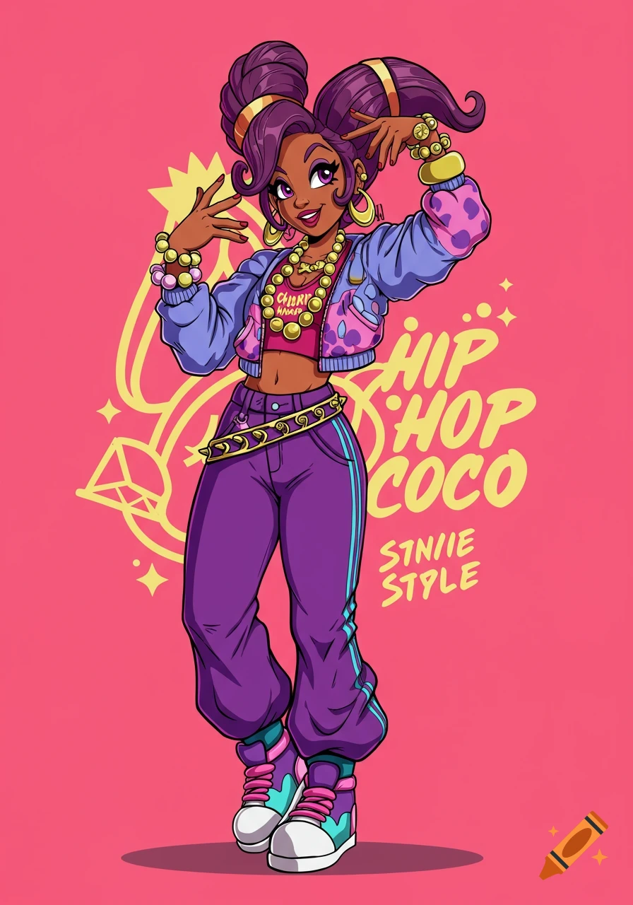 Vibrant cartoon of a dark-skinned woman in hip-hop attire, purple pigtails, on pink with "HIP HOP COCO" text.