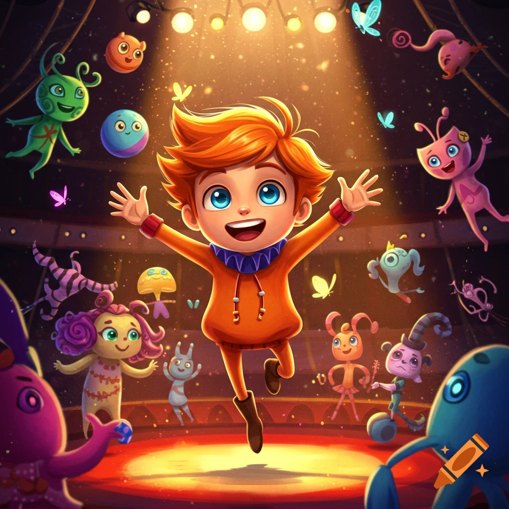 A whimsical cartoon illustration shows a boy with red hair and blue eyes jumping excitedly on a circus stage, surrounded by colorful, friendly monsters and glowing butterflies.