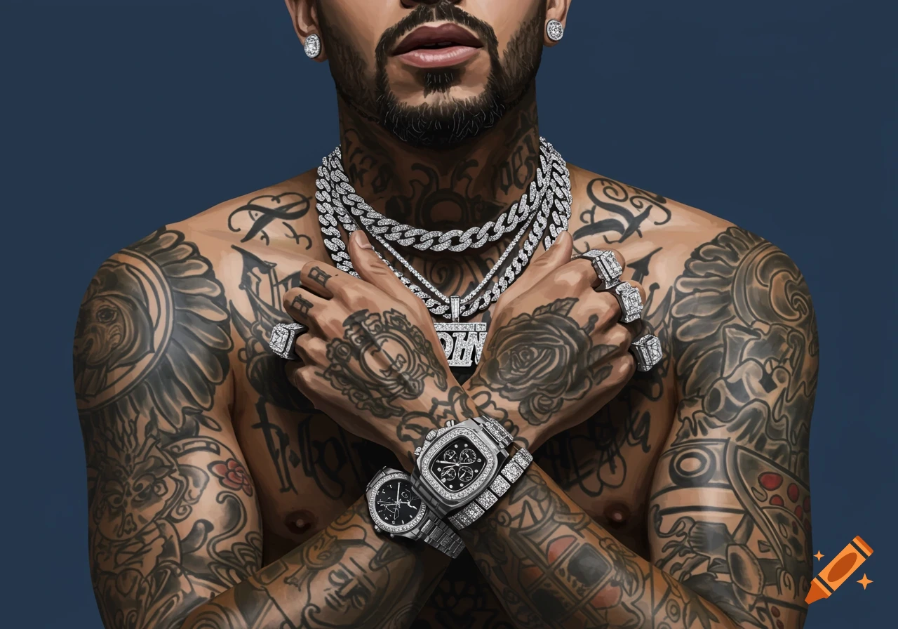 A detailed illustration of a heavily tattooed man adorned with diamond chains, rings, and watches.