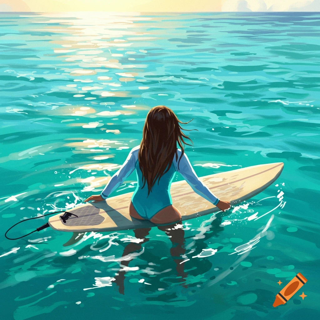 A person on a surfboard in turquoise water, viewed from behind at sunset in a stylized art style.