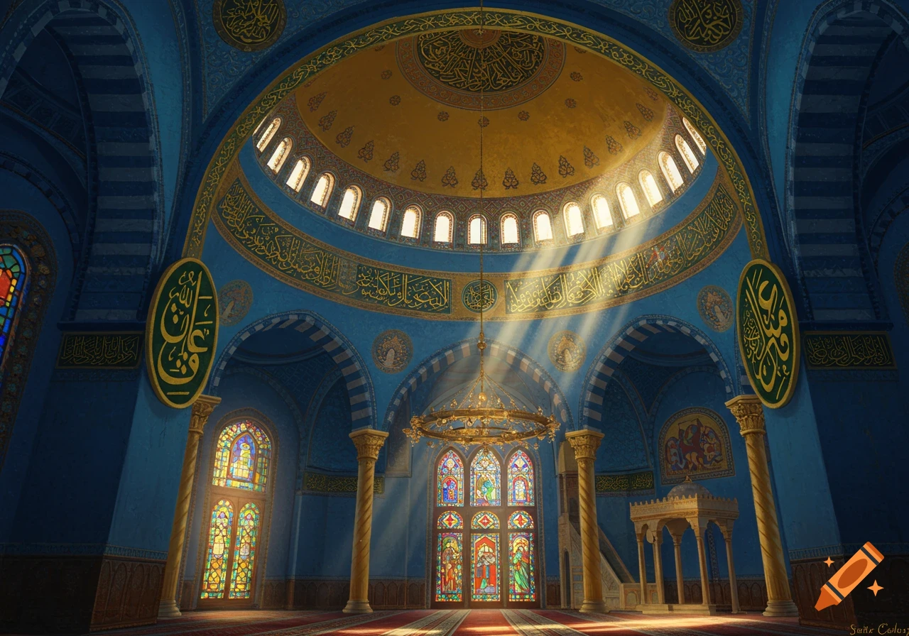 A grand mosque interior with blue walls, golden calligraphy, stained glass windows, and sunlight streaming through a dome.
