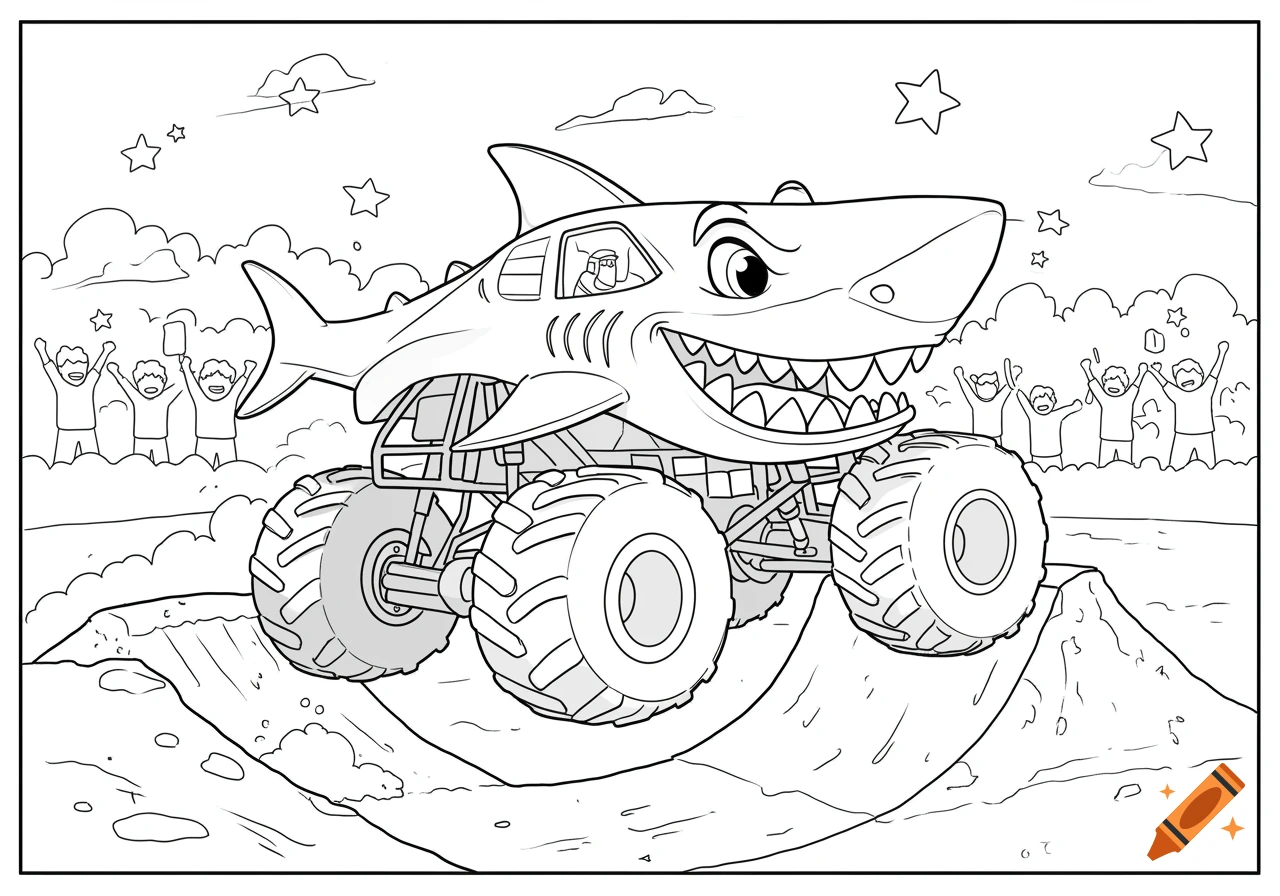 Black and white coloring page of a cartoon shark monster truck flying off a dirt ramp, with a cheering crowd.