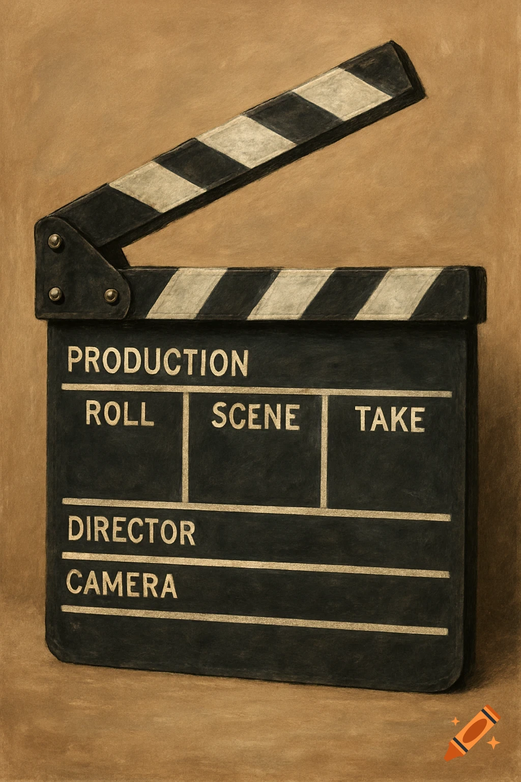 A black movie clapboard with white text reading 'Production', 'Roll', 'Scene', 'Take', 'Director', 'Camera' stands open against a brown background.