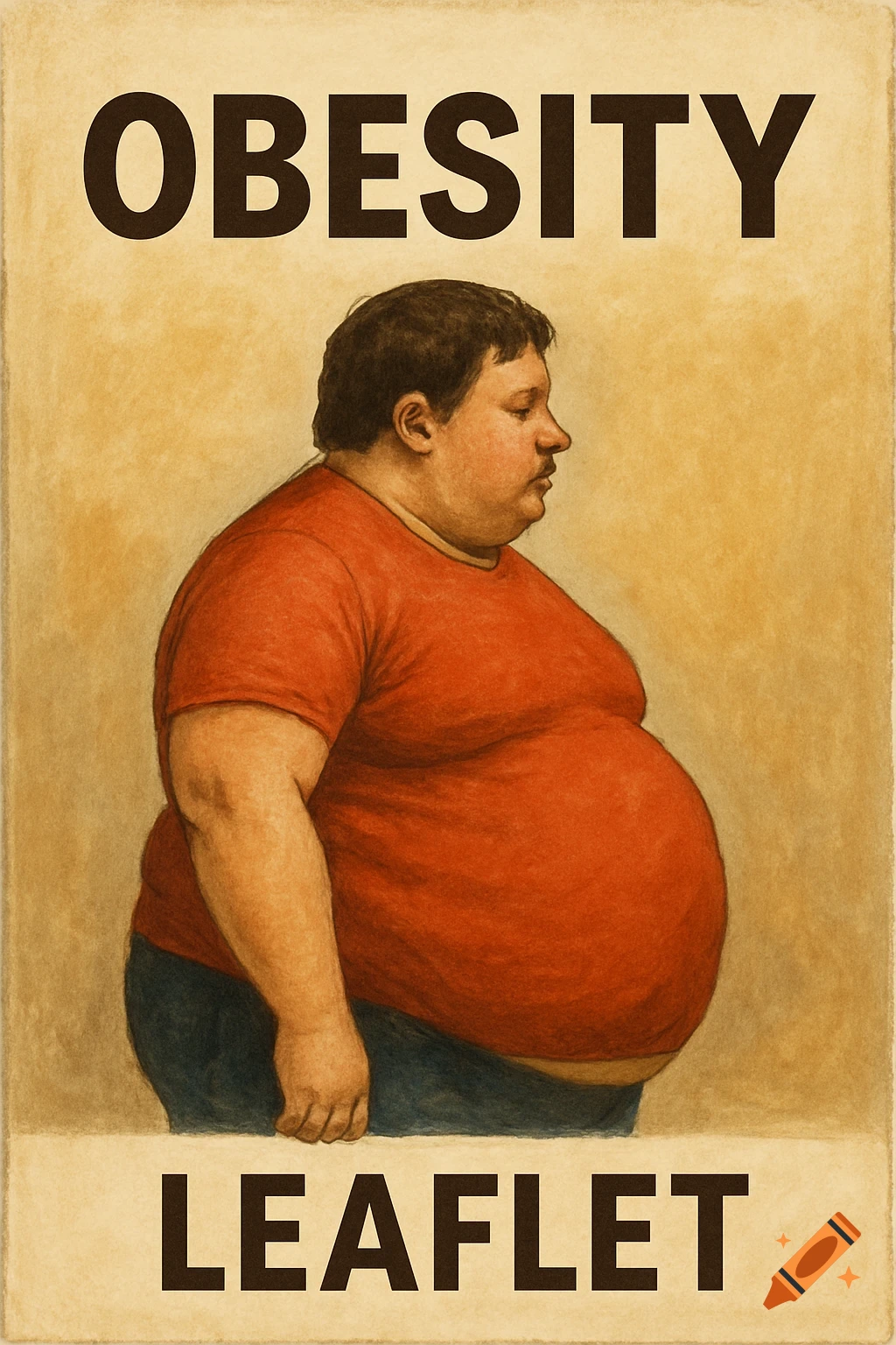 An illustration of an overweight man in a red shirt on a vintage-style poster that reads 'OBESITY LEAFLET'.