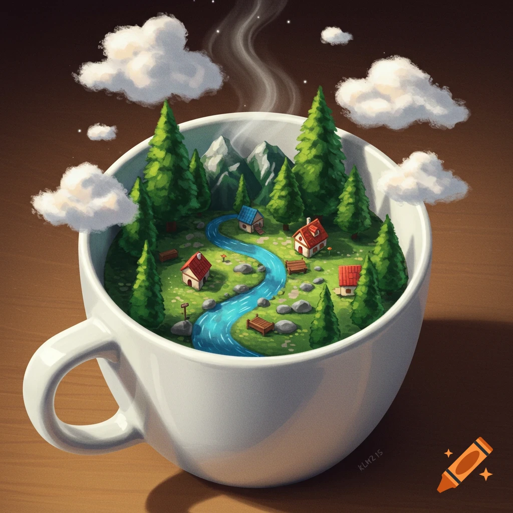 A whimsical miniature landscape with trees, mountains, houses, and a river inside a white coffee mug, with clouds floating above.