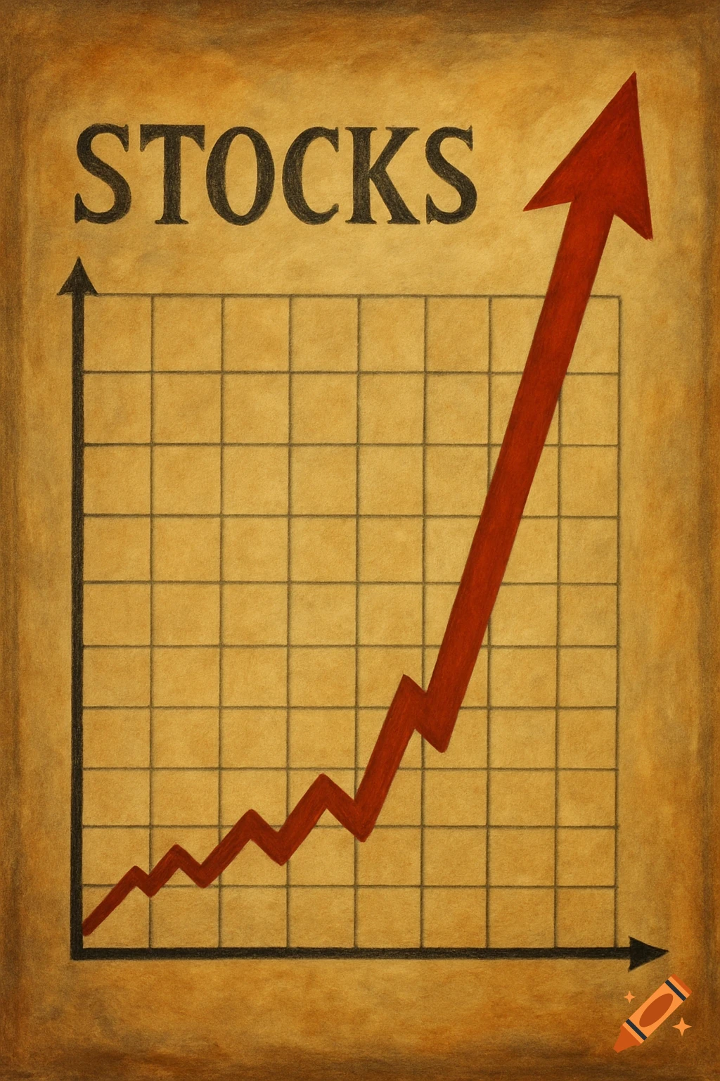 A drawing of a stock market graph on old paper, showing a red line sharply increasing, with 'STOCKS' written above.