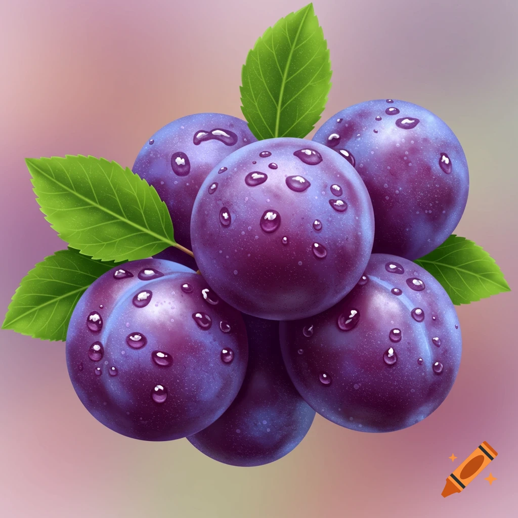 A cluster of dark purple plums with green leaves and water droplets on a soft gradient background in a realistic style.