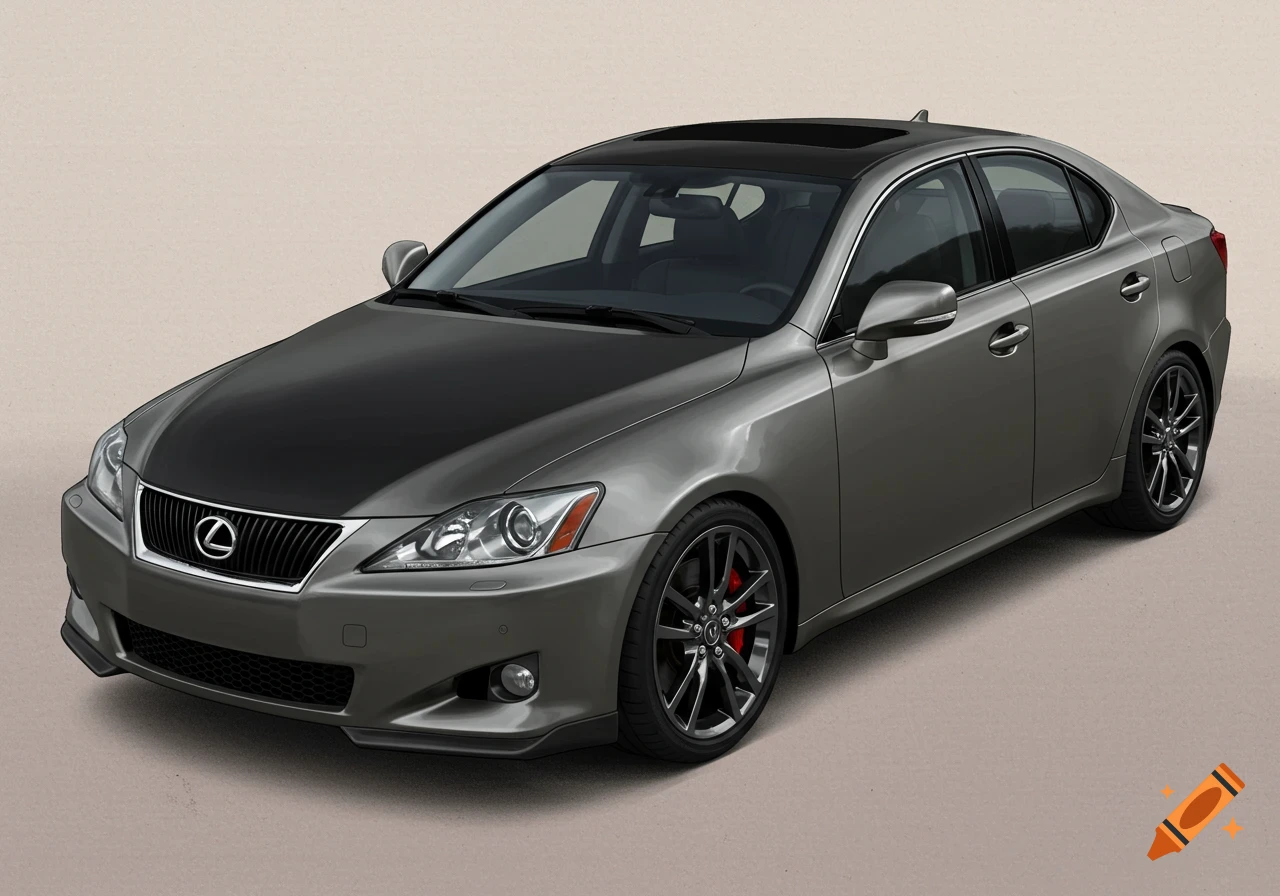 A grey Lexus IS250 sedan with a black hood and roof is parked on a light surface, viewed from an elevated angle.