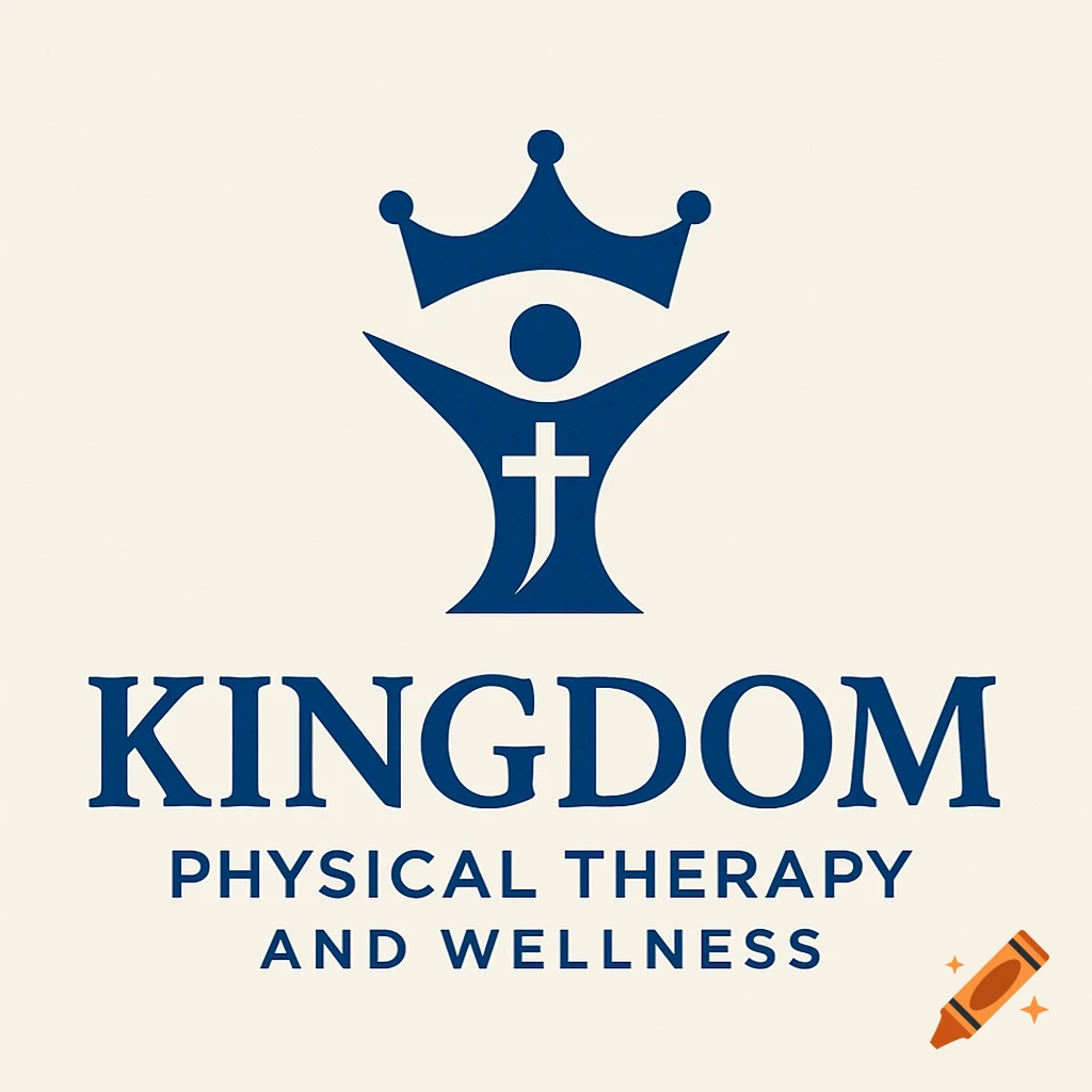 Blue logo for Kingdom Physical Therapy and Wellness, featuring a crown above a stylized person with a white cross on their chest.
