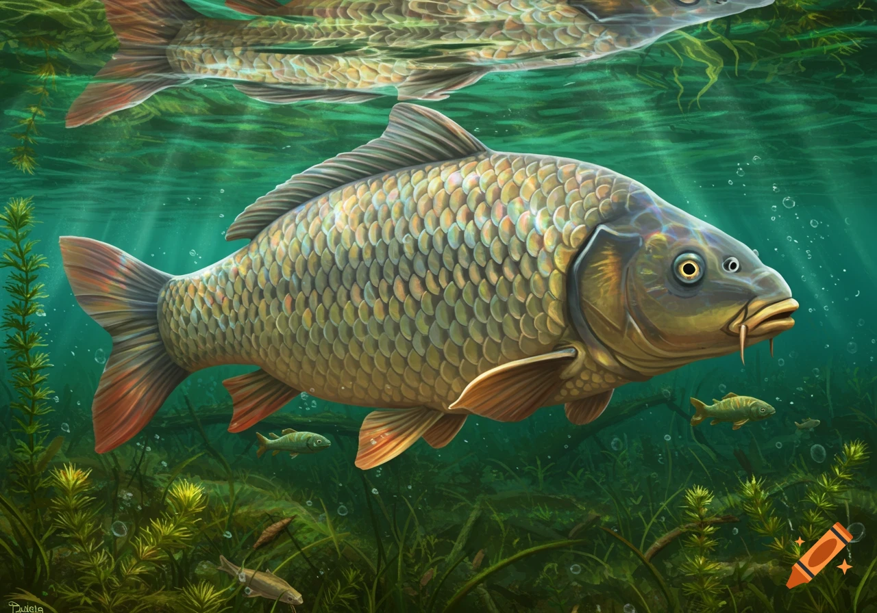 A realistic illustration of a common carp swimming underwater among aquatic plants, with light filtering from the surface.