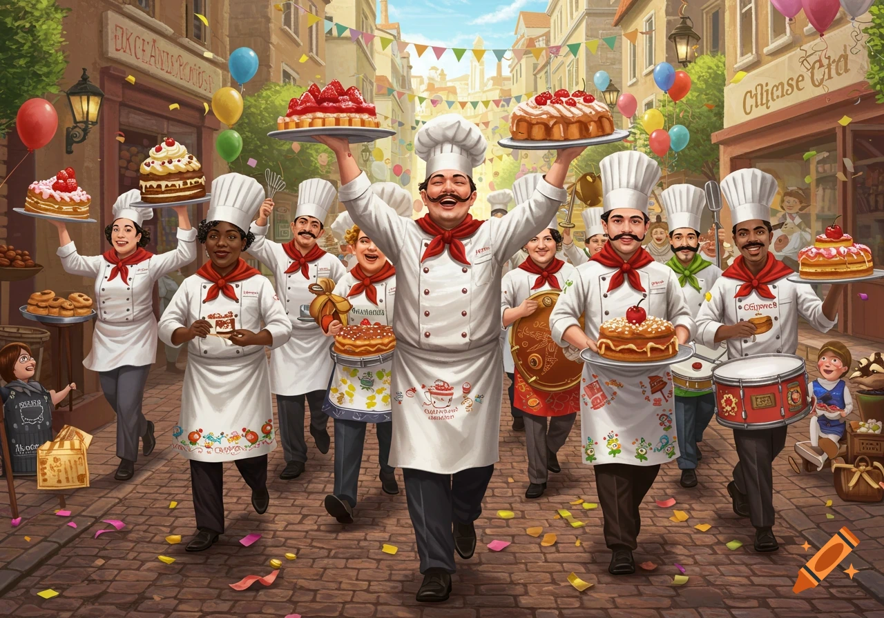 A celebratory parade of chefs in white uniforms and red scarves, holding cakes and pastries on a cobblestone street adorned with balloons and confetti.