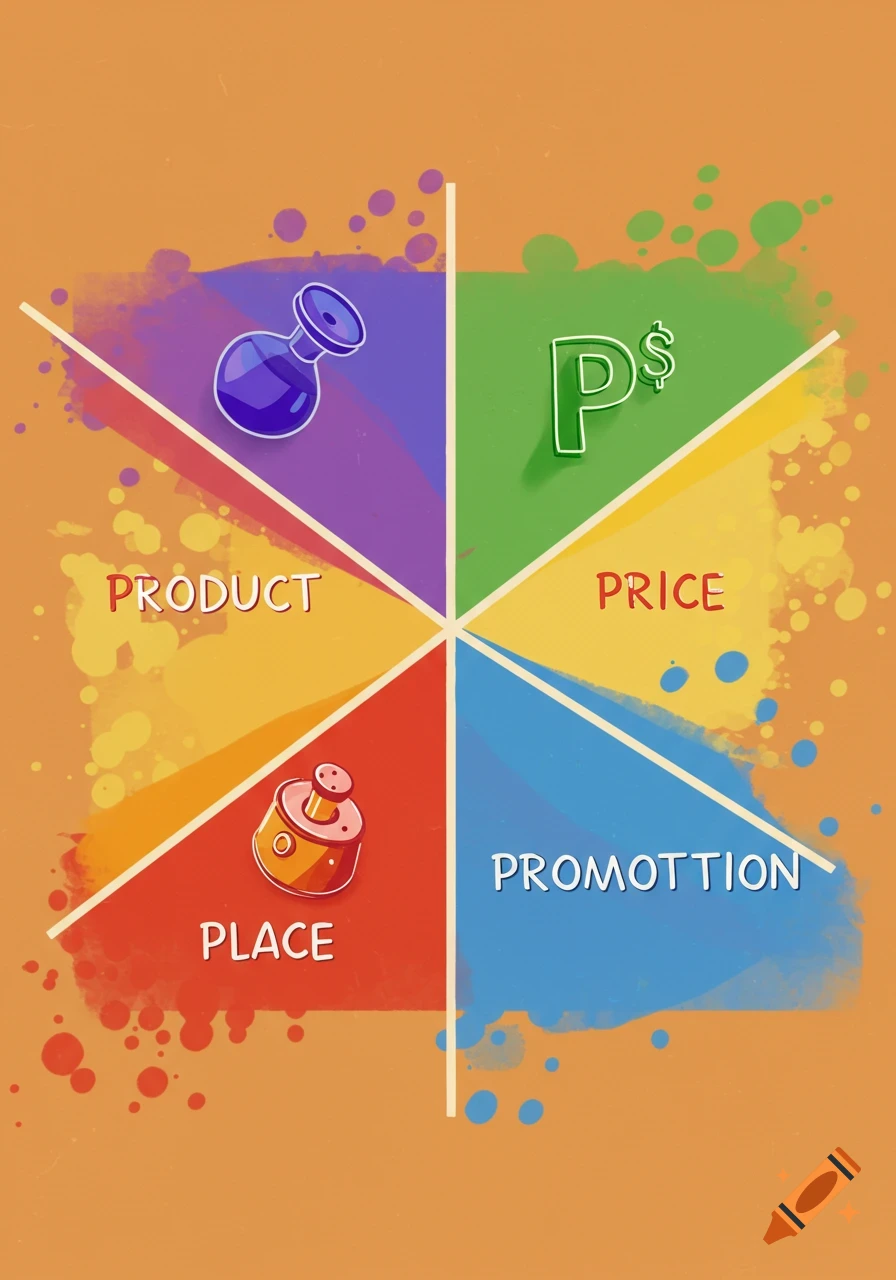 Colorful diagram of the 4 P's of marketing mix, with sections for Product, Price, Place, and Promotttion, each with an icon.