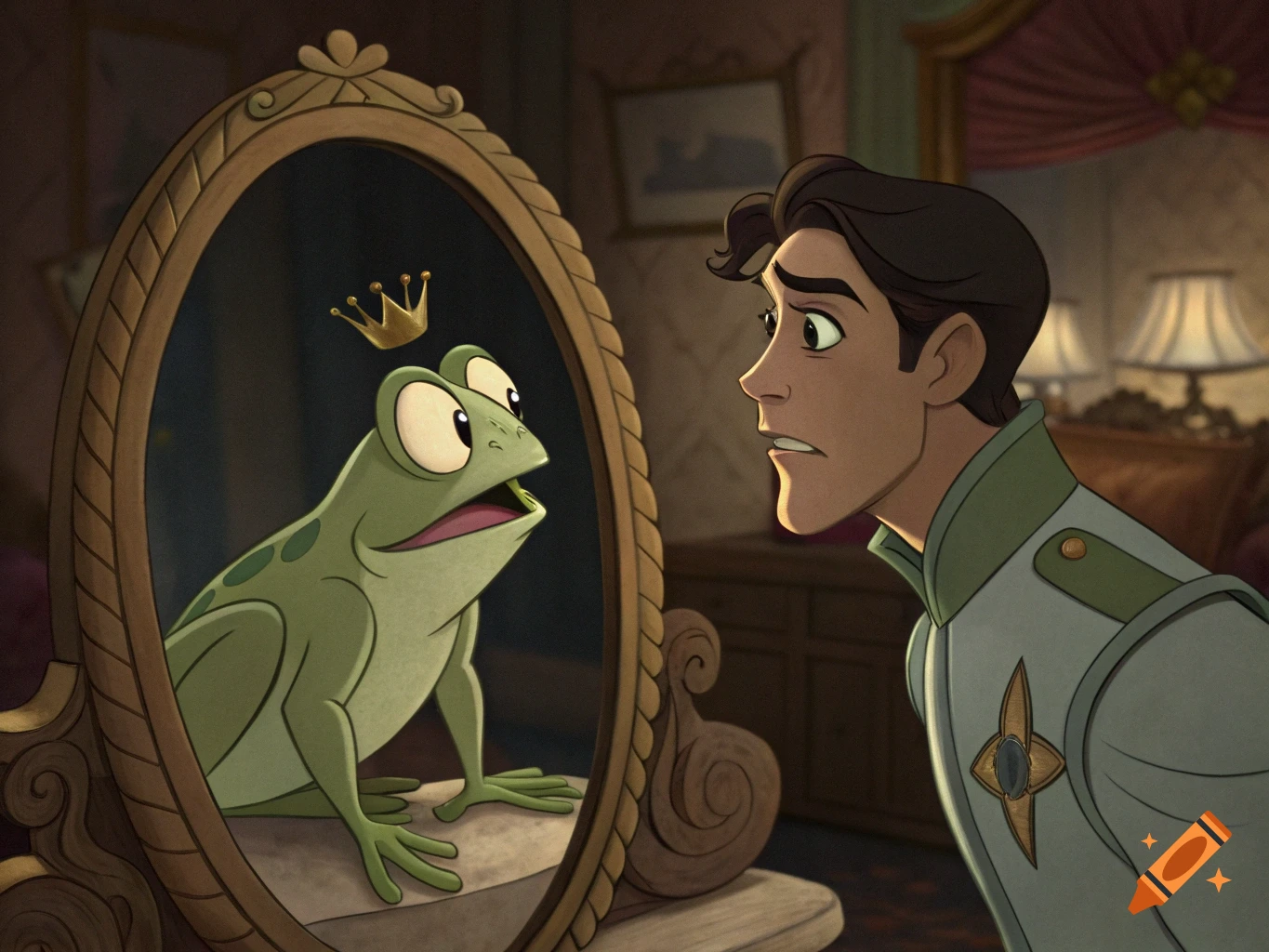 An animated prince stares in surprise at a reflection of a crowned, scared frog in a mirror, set in a lavish room.