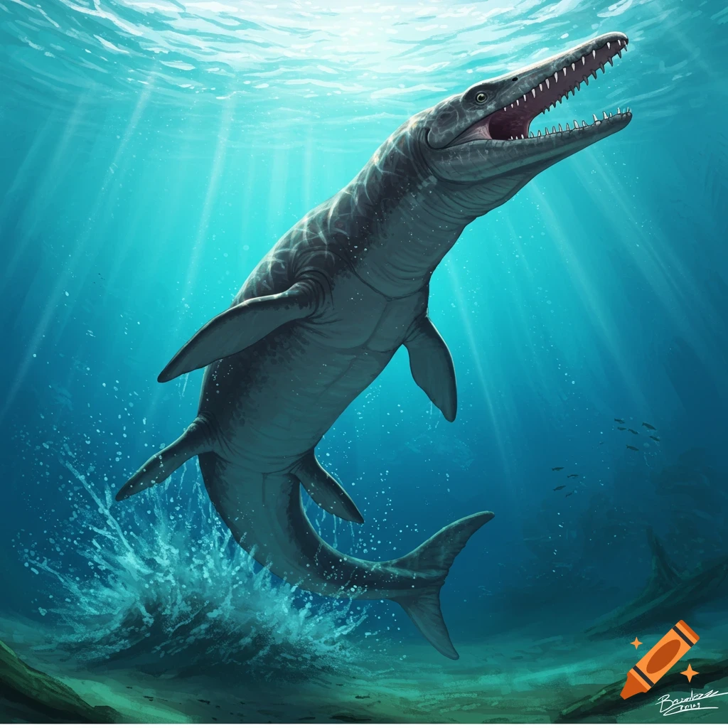 A large Prognathodon, a prehistoric marine reptile, leaps out of the water in a sunlit blue ocean.