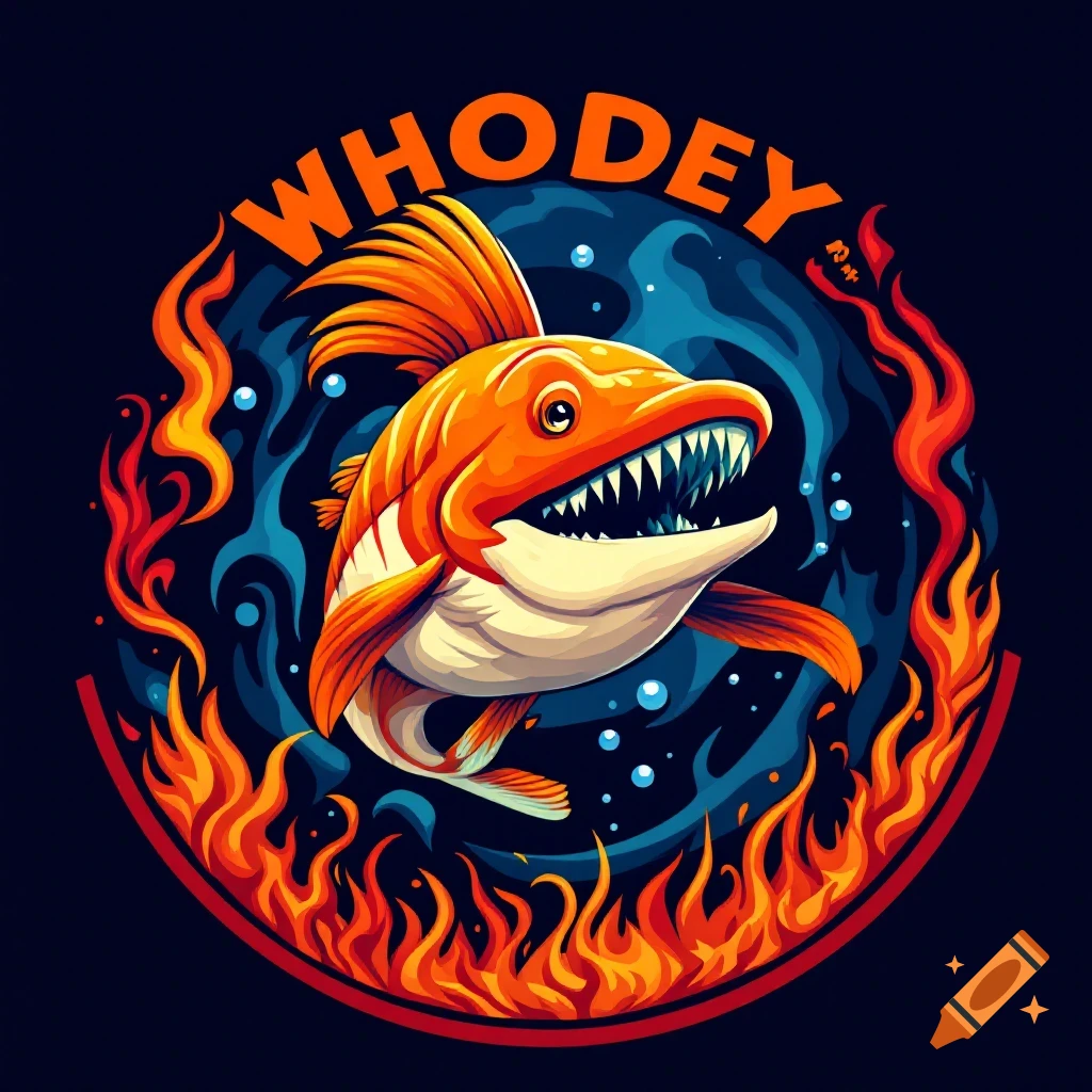A stylized logo with an orange fish with sharp teeth, surrounded by blue water and orange flames, and the word WHODEY at the top.