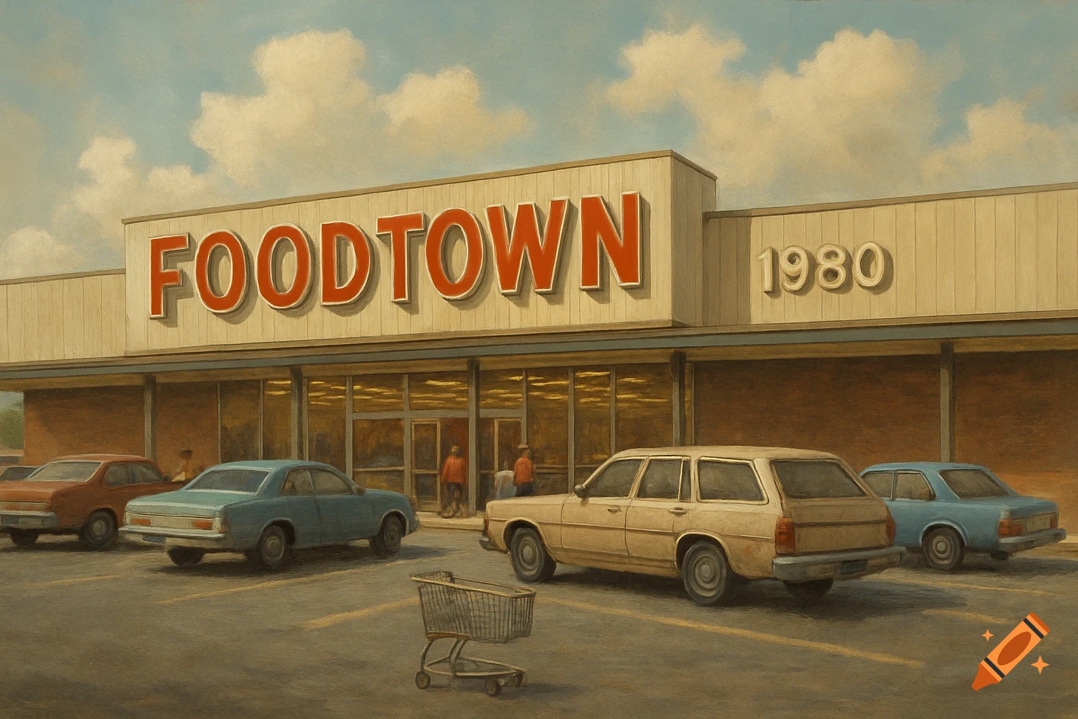 Painting of a 1980s Foodtown supermarket with parked cars and a shopping cart.