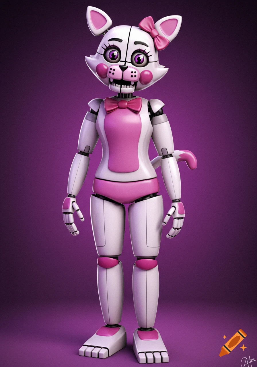 A full-body view of a white and pink animatronic cat with a pink bow, snout, and belly, standing against a purple background.