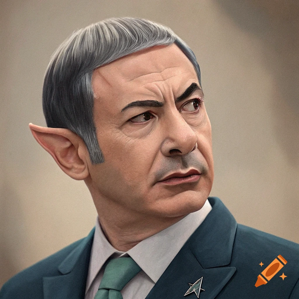 A photorealistic portrait of a man with pointed ears and a Vulcan-style haircut, resembling Benjamin Netanyahu, wearing a suit and Starfleet badge.