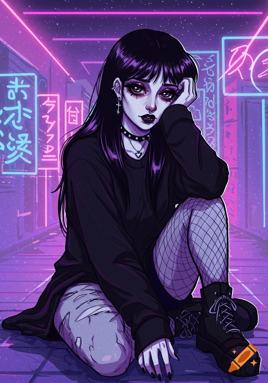 Goth woman with long black hair, a black outfit, and fishnet stockings sits in a cyberpunk city with neon signs, in 90s anime style.