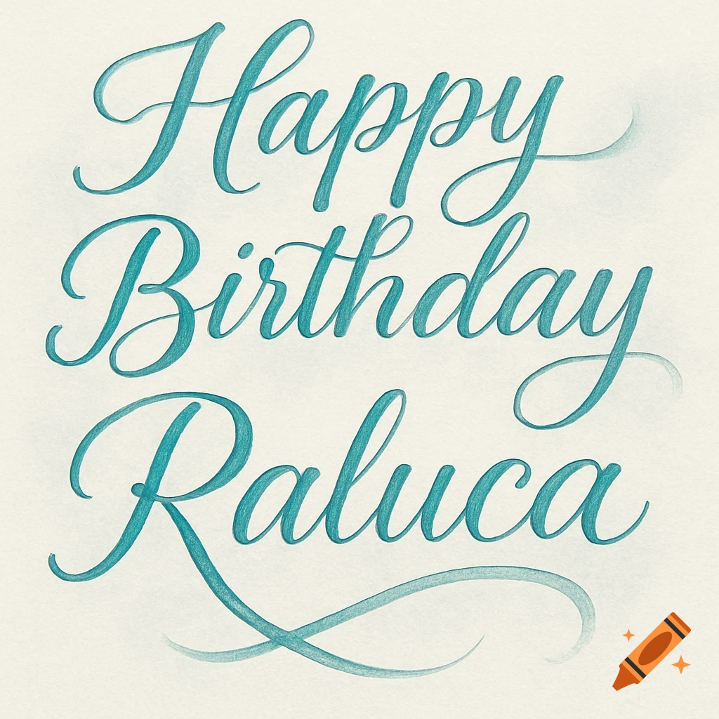 Happy Birthday Raluca written in elegant teal script with subtle texture on a cream background.
