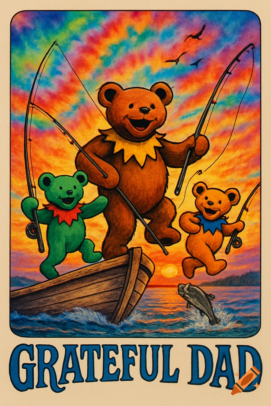 Three Grateful Dead-style dancing bears fishing from a boat at sunset, with a tie-dyed sky and jumping fish. Text reads Grateful Dad.