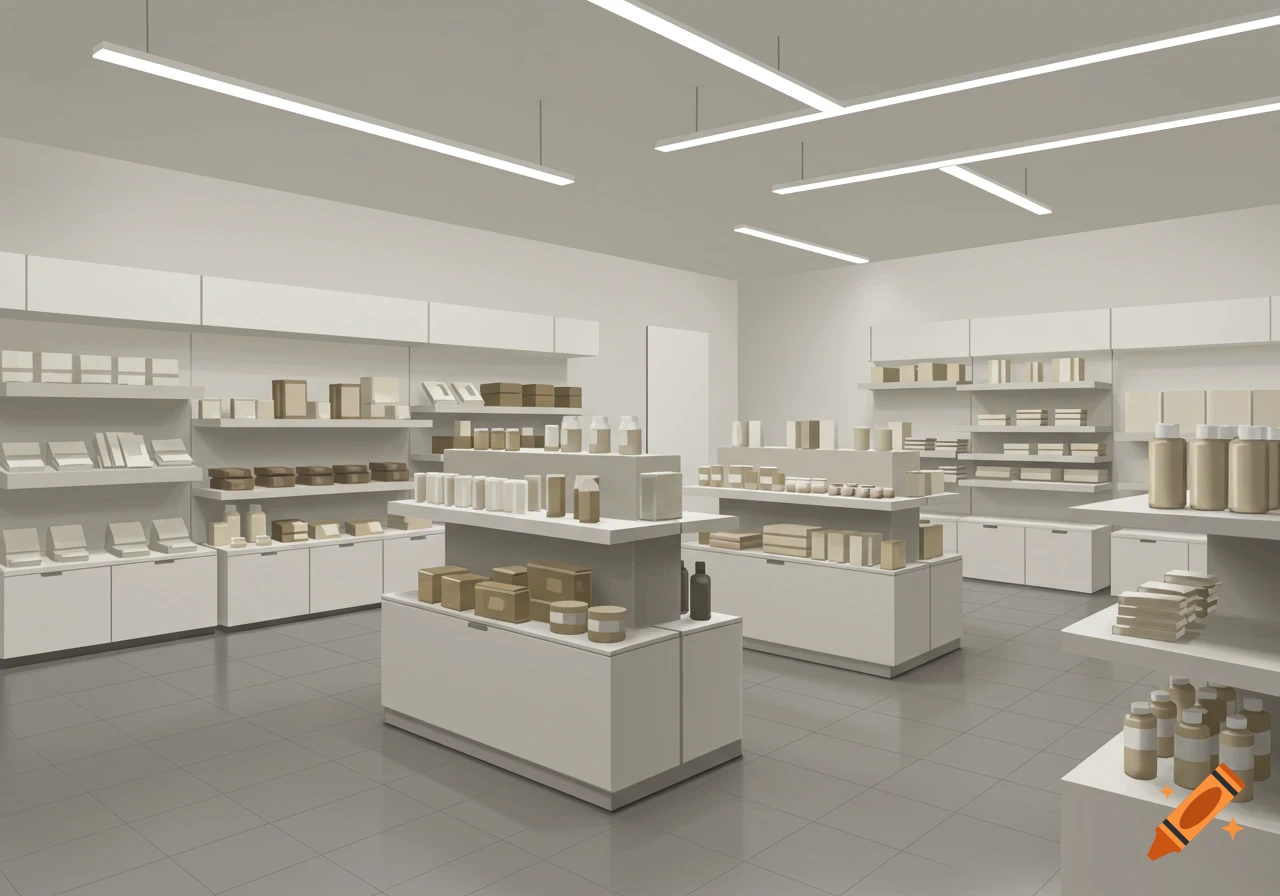 A minimalist and modern shop interior with white shelves and display stands filled with generic product boxes and bottles under linear lighting.