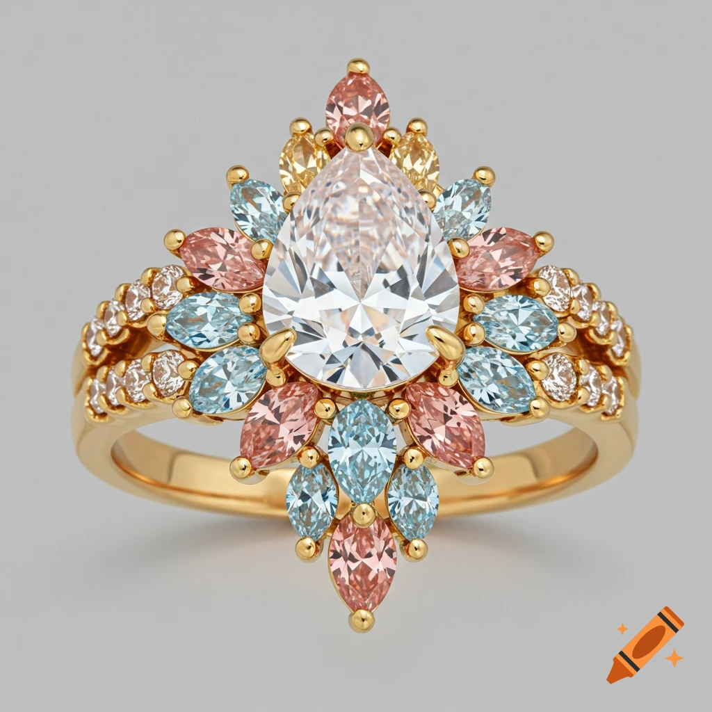 Close-up of a gold wedding ring featuring a large teardrop diamond surrounded by smaller pear-shaped pink, blue, and yellow gemstones.