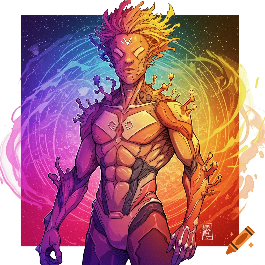A vibrant, stylized male character with glowing skin and fiery hair, amidst a rainbow cosmic background in a comic art style.