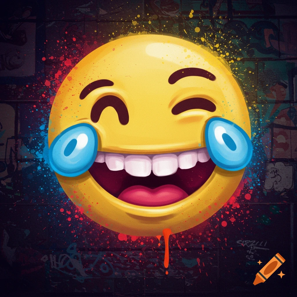 A vibrant yellow emoji face laughing with tears, splattered with neon pink, blue, and yellow paint on a dark graffiti wall background.