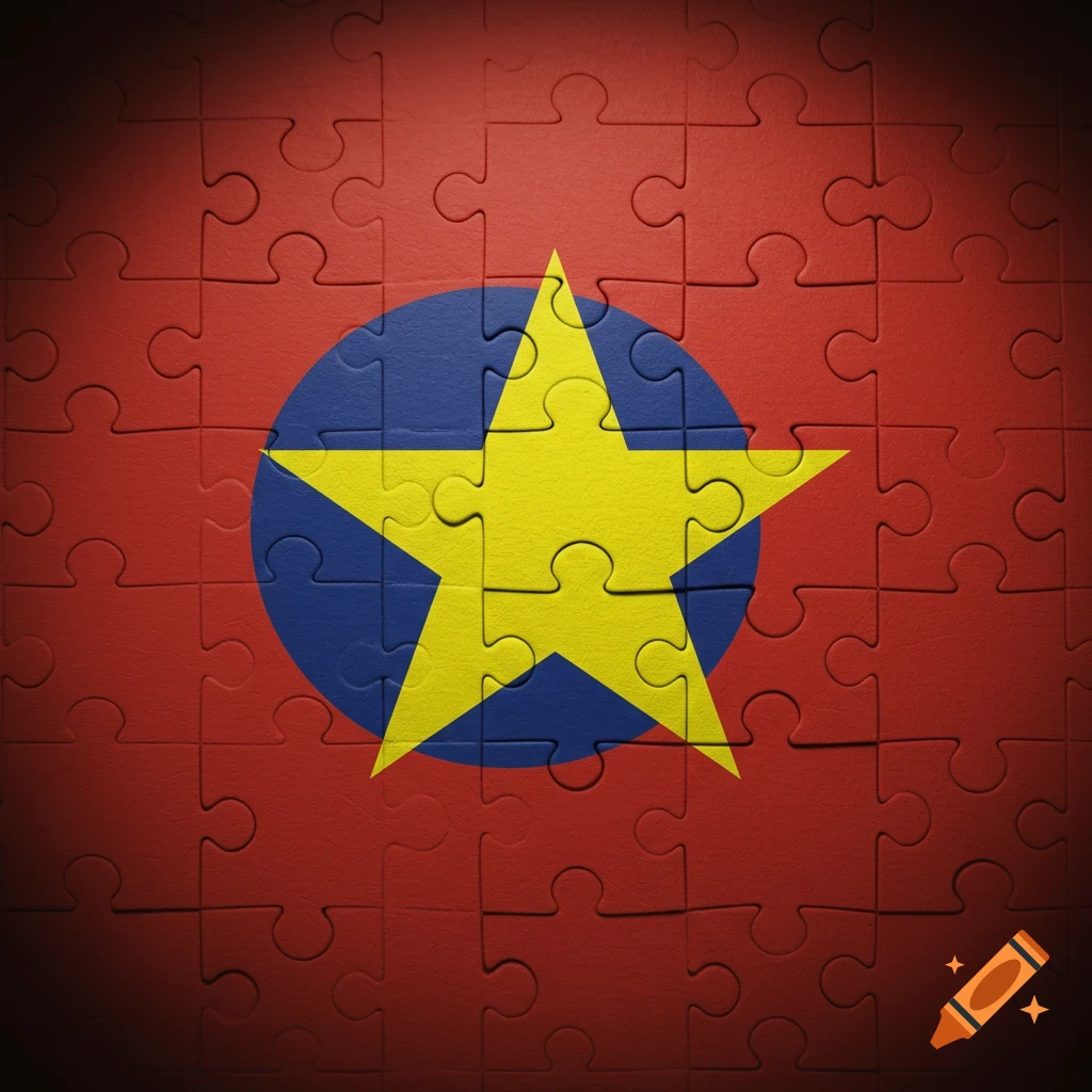A close-up image of the flag of Vietnam rendered as a puzzle, with a red background, a blue circle, and a yellow star.