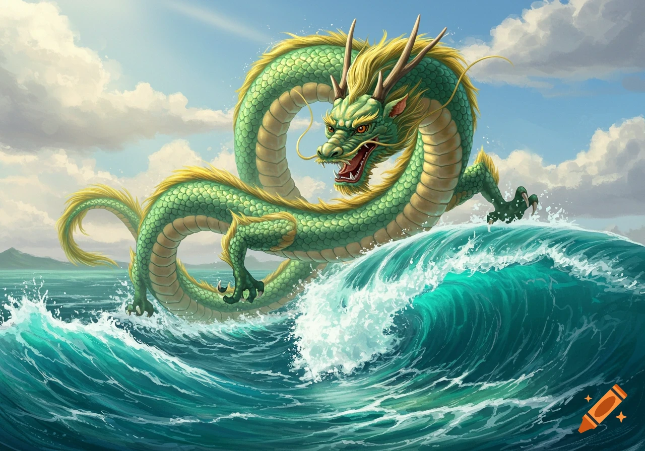 A vibrant green Asian dragon with golden scales and horns leaps through a large, crashing turquoise ocean wave under a partly cloudy sky.