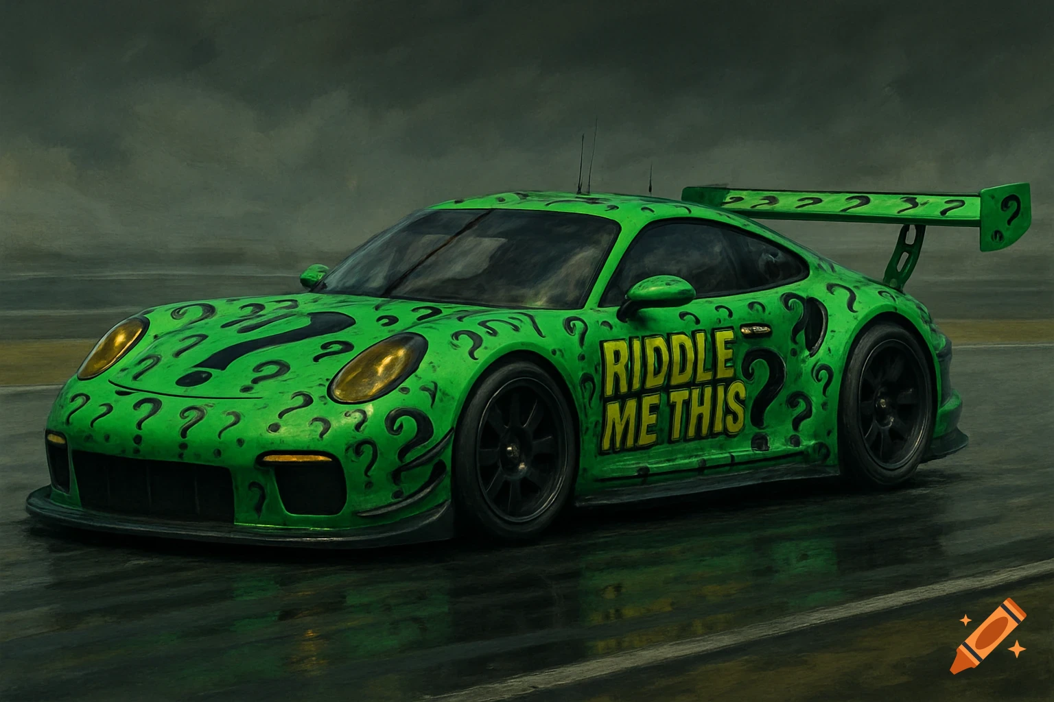 A green race car with black question marks and "RIDDLE ME THIS" on the side, on a wet road.