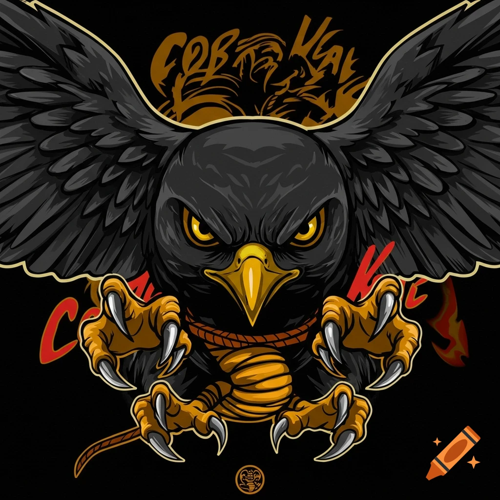 A stylized illustration of a fierce black hawk with golden eyes and talons, wrapped in ropes, against a black background with "COBRA KAI" text.