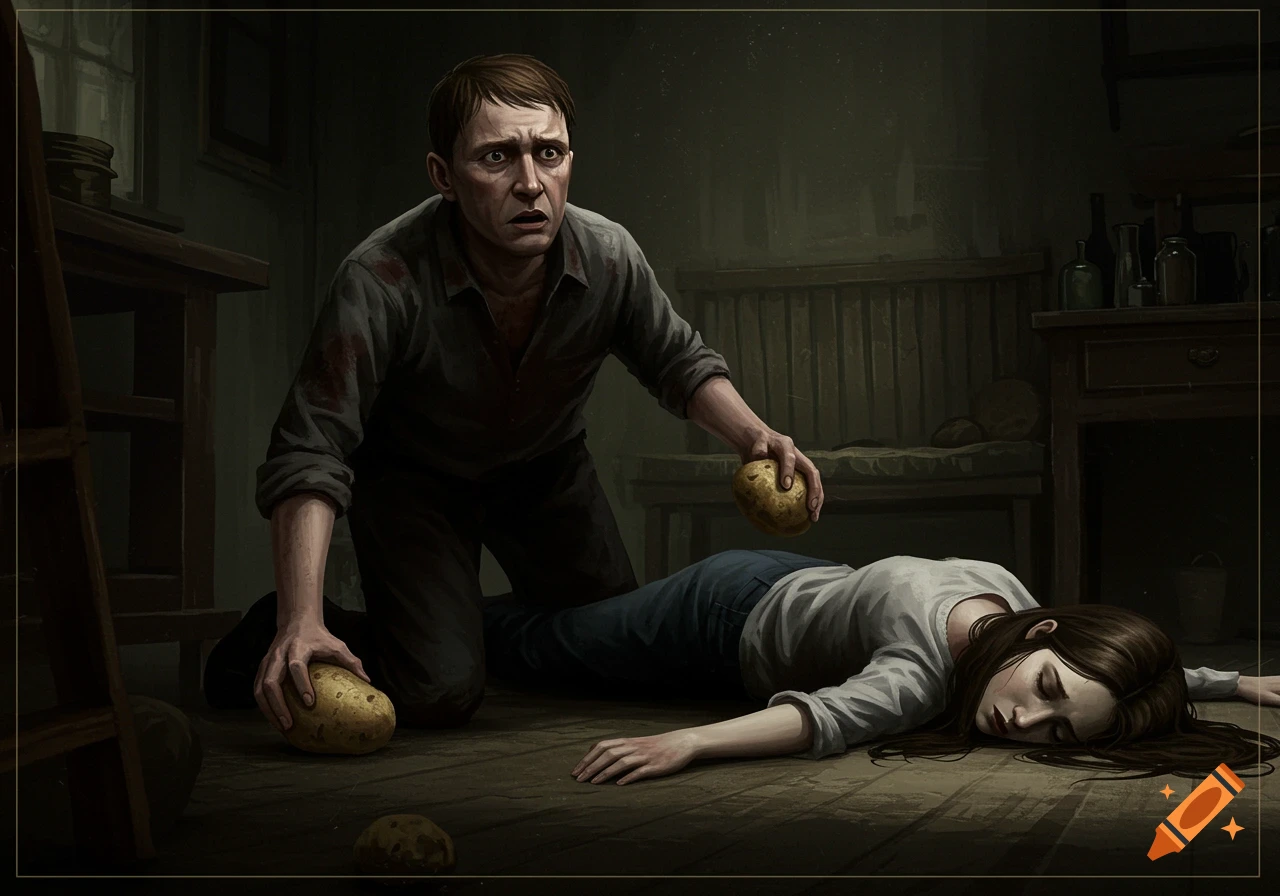 A distressed man kneels over a woman lying motionless on the floor, holding potatoes in a dark, somber room. Illustration style.