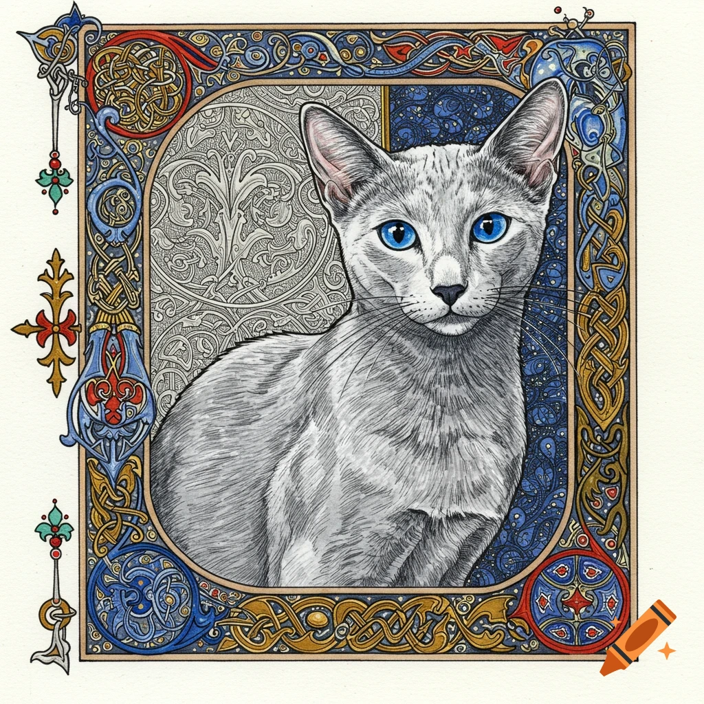 Pen and ink illustration of a gray Russian Blue cat with blue eyes, framed within an ornate illuminated medieval manuscript border.