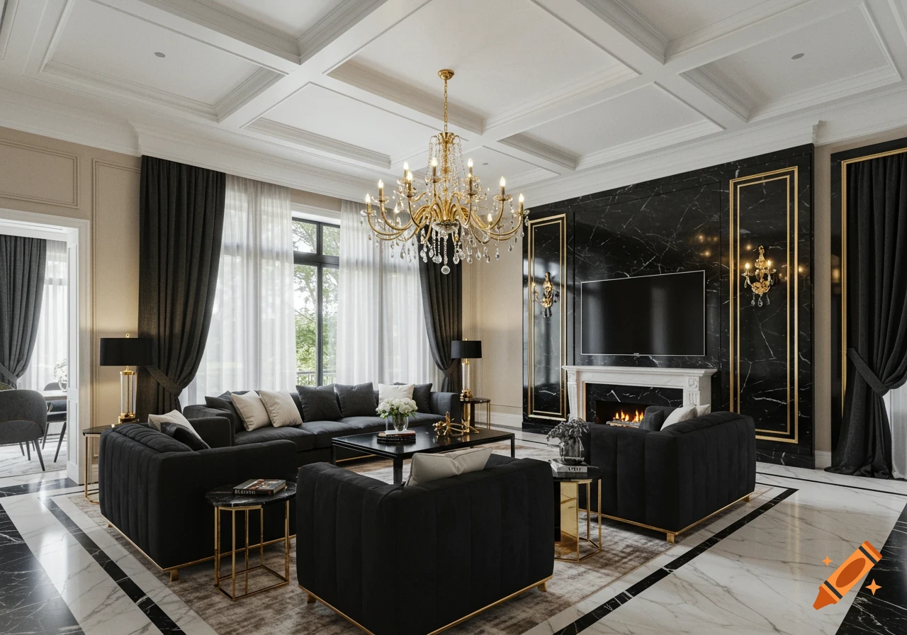 A luxurious mansion living room with black sofas, a gold chandelier, black marble walls, and a black and white marble floor.