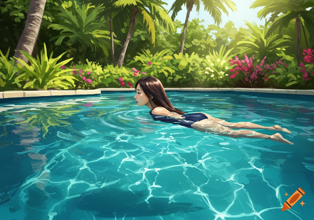 A woman swimming in a pool surrounded by palm trees and lush foliage, illustration.