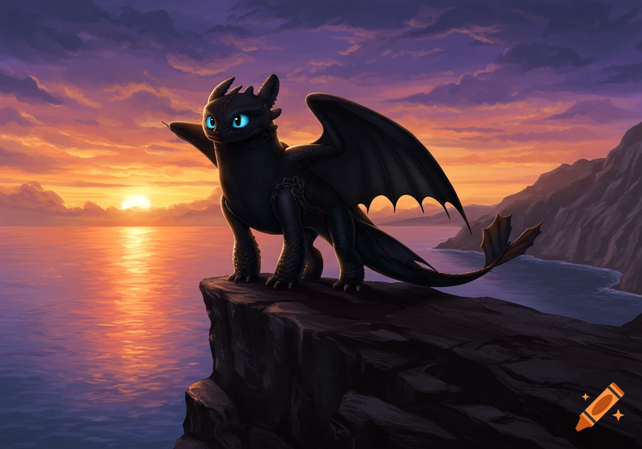 Toothless the Night Fury dragon stands proudly on a cliff overlooking a vibrant orange and purple sunset over the ocean.