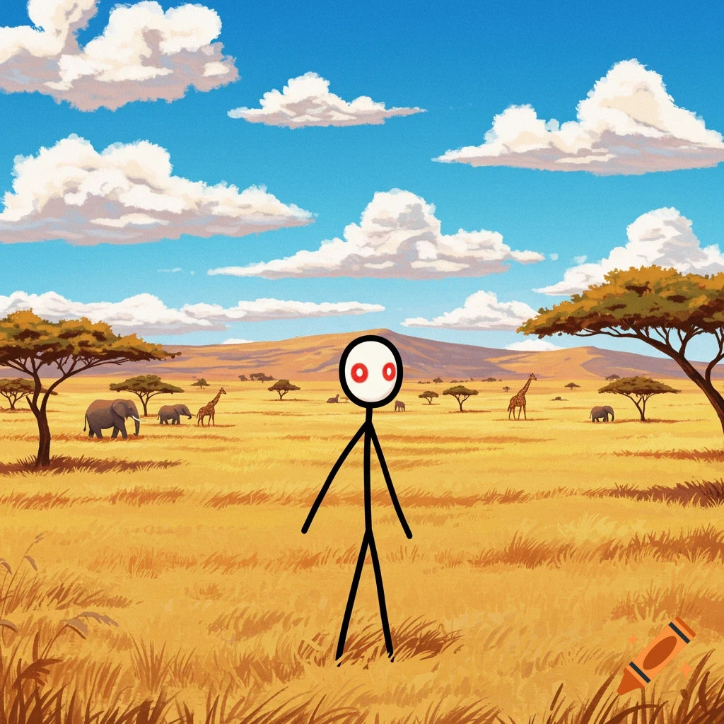 A red-eyed stickman stands in a vast, sunny African savanna with acacia trees, elephants, and giraffes under a blue sky.
