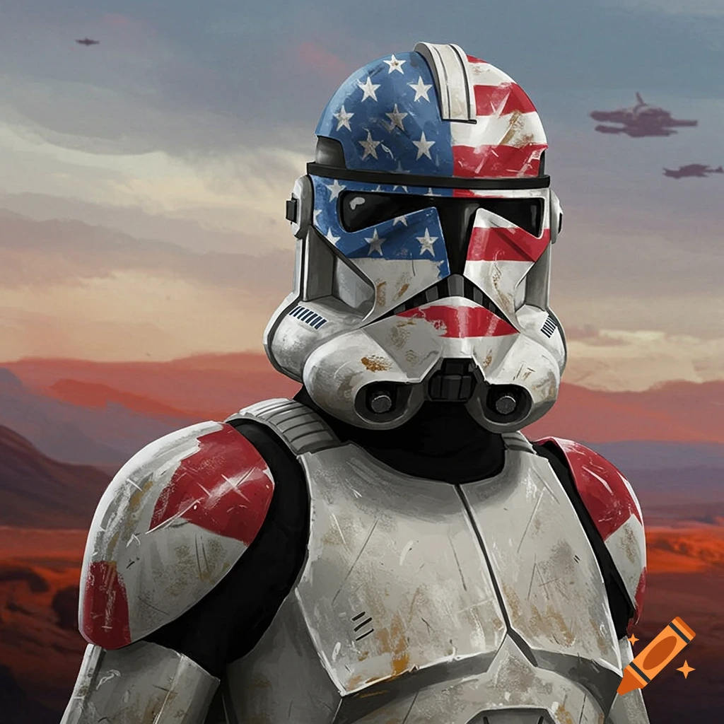 A Star Wars clone trooper wearing armor painted with the American flag.