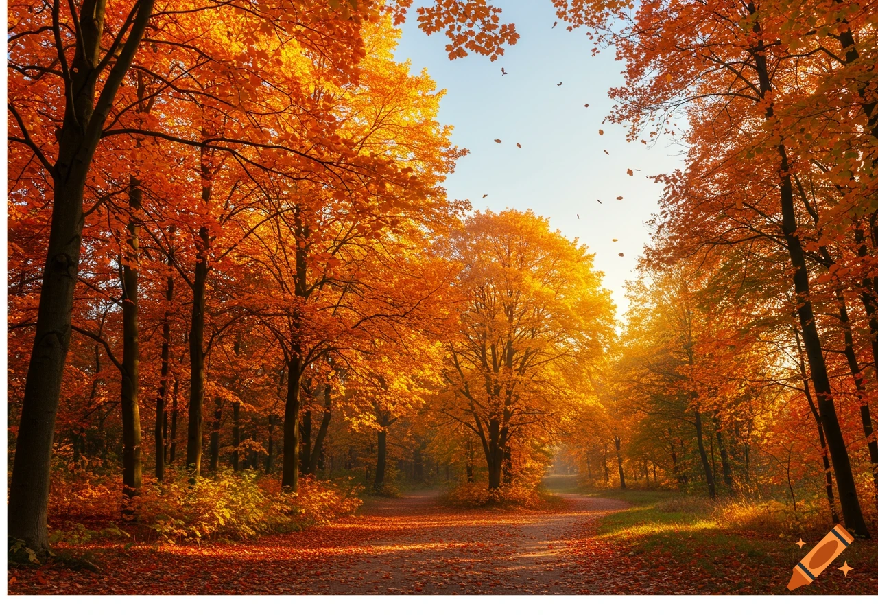 A sunlit forest path in autumn, lined with trees adorned with vibrant orange and yellow leaves, with fallen leaves covering the ground.