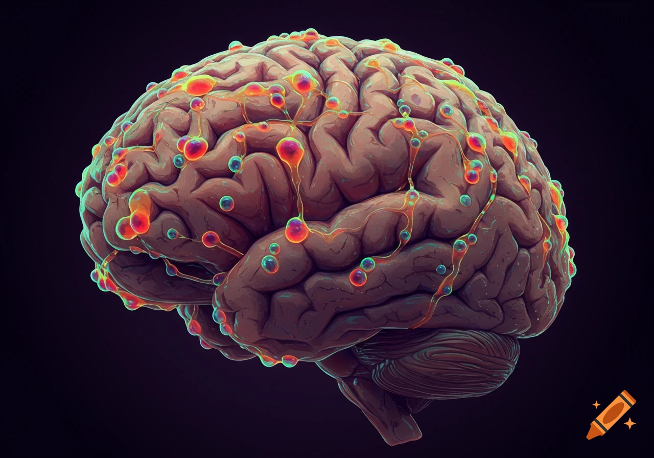 A stylized human brain covered in colorful, glowing, interconnected slime mold or neural pathways on a dark background.