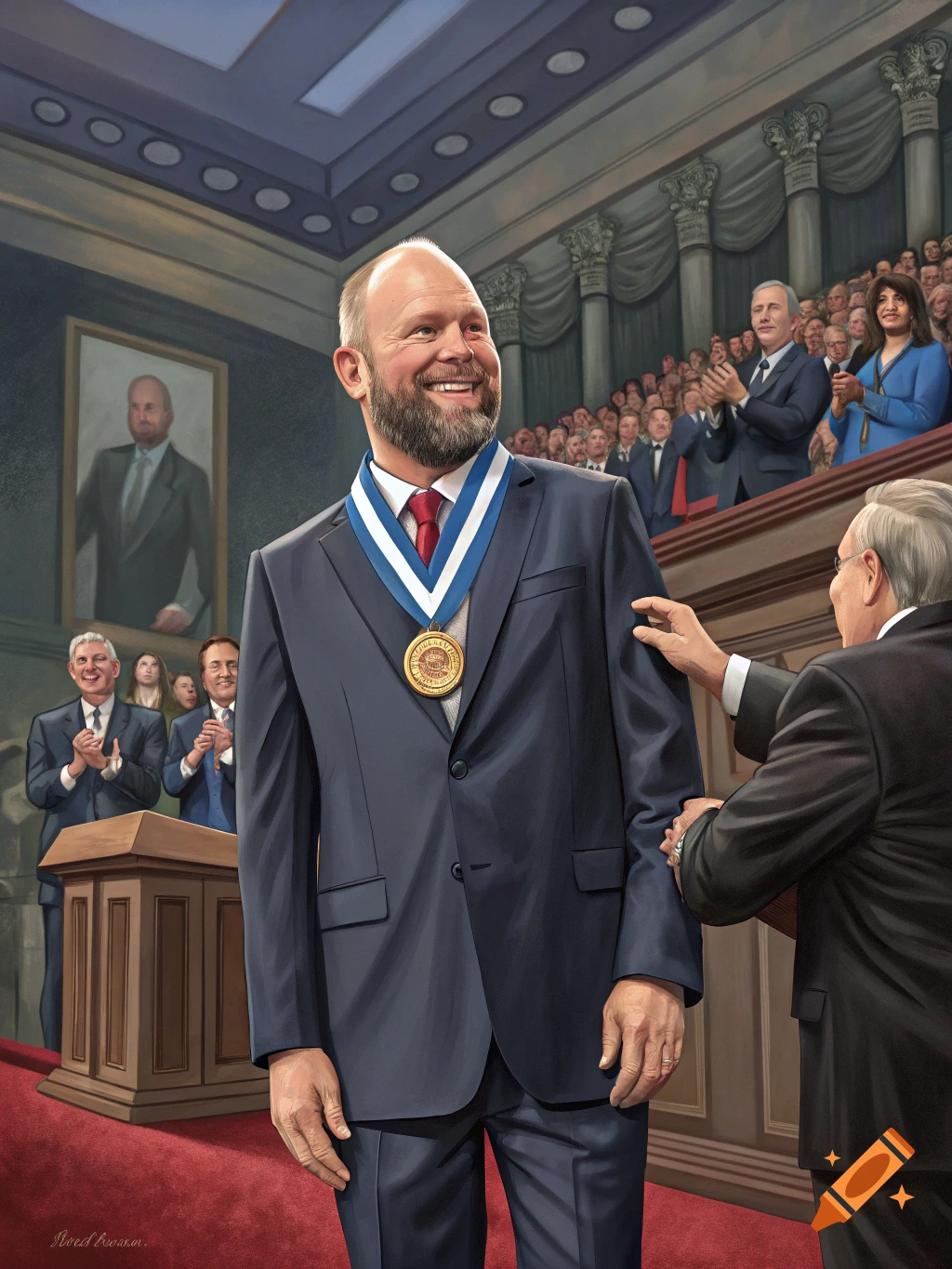 A man with a beard wearing a suit and medal smiles while being recognized at a formal award ceremony, depicted in a painterly style.