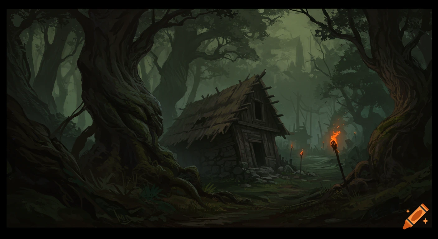 A dark, misty forest with a dilapidated wooden hut and glowing torches along a path, in a fantasy art style.