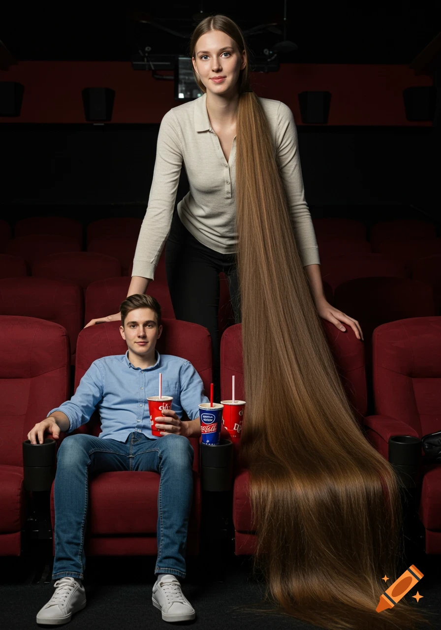 A very tall woman with extremely long hair stands over her boyfriend seated in a movie theater, her hair flowing across seats.